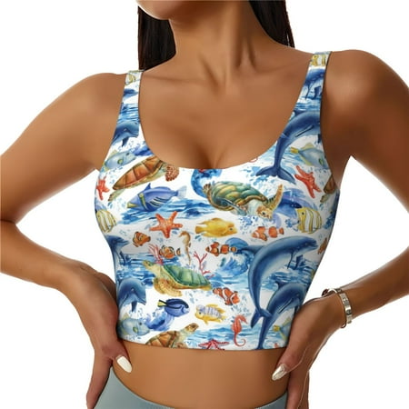 Jgfou Marine Animals Print Womens Sports Bra - Padded Workout Sports Bras Crop Tank Top