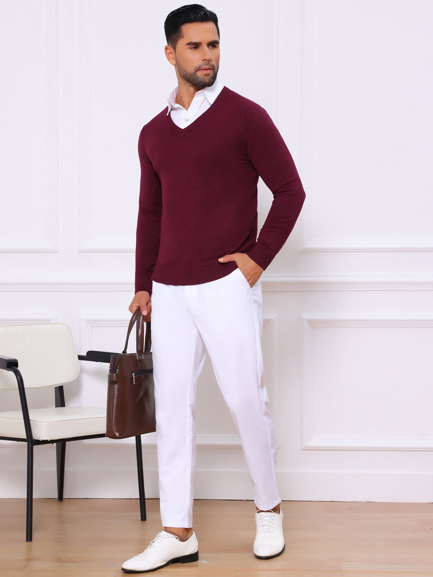 DARING DIVA Men's Long Sleeve V-Neck Solid Knitted Pullover Sweater S Burgundy