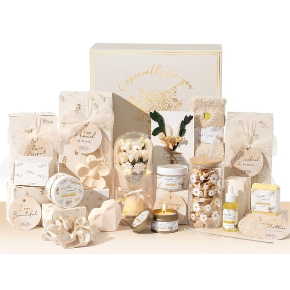 SPA Gift Basket for Women, 10 Pcs Self Care Kit with Rose in Glass Dome & Affirmation Cards, Teen Girl Gifts Trendy Stuff Set, Birthday Mothers Day Get Well Gift for Mom Her, Beige