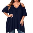 thumbnail image 2 of IUYRTFE Women's Cold Shoulder Lace Trim V Neck Top Short Sleeve Loose Fit Summer Casual Blouse Plus Size, 2 of 5