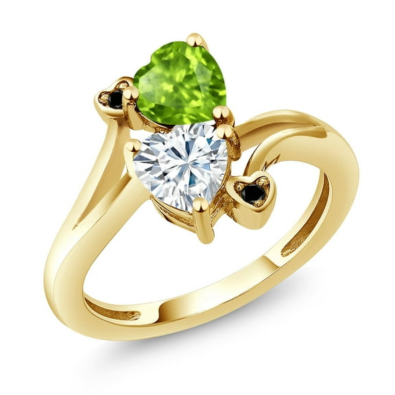 Gem Stone King 18K Yellow Gold Plated Silver Green Peridot White Moissanite and Black Diamond Ring for Women (1.60 Cttw, Heart Shape 6MM, Gemstone August Birthstone, Size 5)