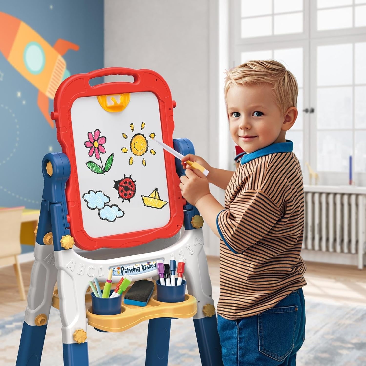 AuntyFey Art Easel for Kids, Adjustable Double-Sided with Chalk Board & Magnetic Whiteboard for Toddlers, Blue & Red