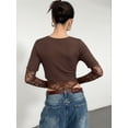 thumbnail image 4 of Justaucorps Court en Dentelle Patchwork pour Femme à Manches Longues, Col Ras du Cou, en Maille Transparente, T-Shirts Courts pour Sorties et Fêtes, Brun, M, 4 of 9