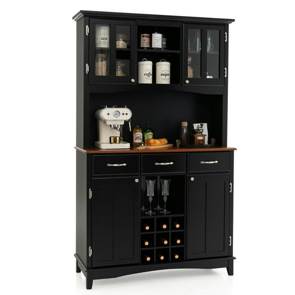 Spaco 72.5 Inch Kitchen Storage Cabinet, Cabinet with 4 Doors and 3 Utility Drawers, Cupboard with Wine Rack and Drawers, Black