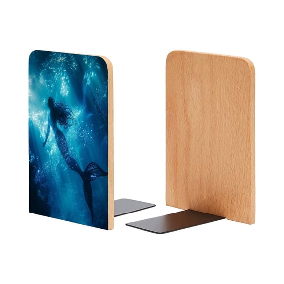 Bookends 1 Pair Non-Skid Bookend Wood Bookends for Shelves Book Stand for CDs - Beautiful Mermaid Swimming Gracefully in The Deep Blue Ocean