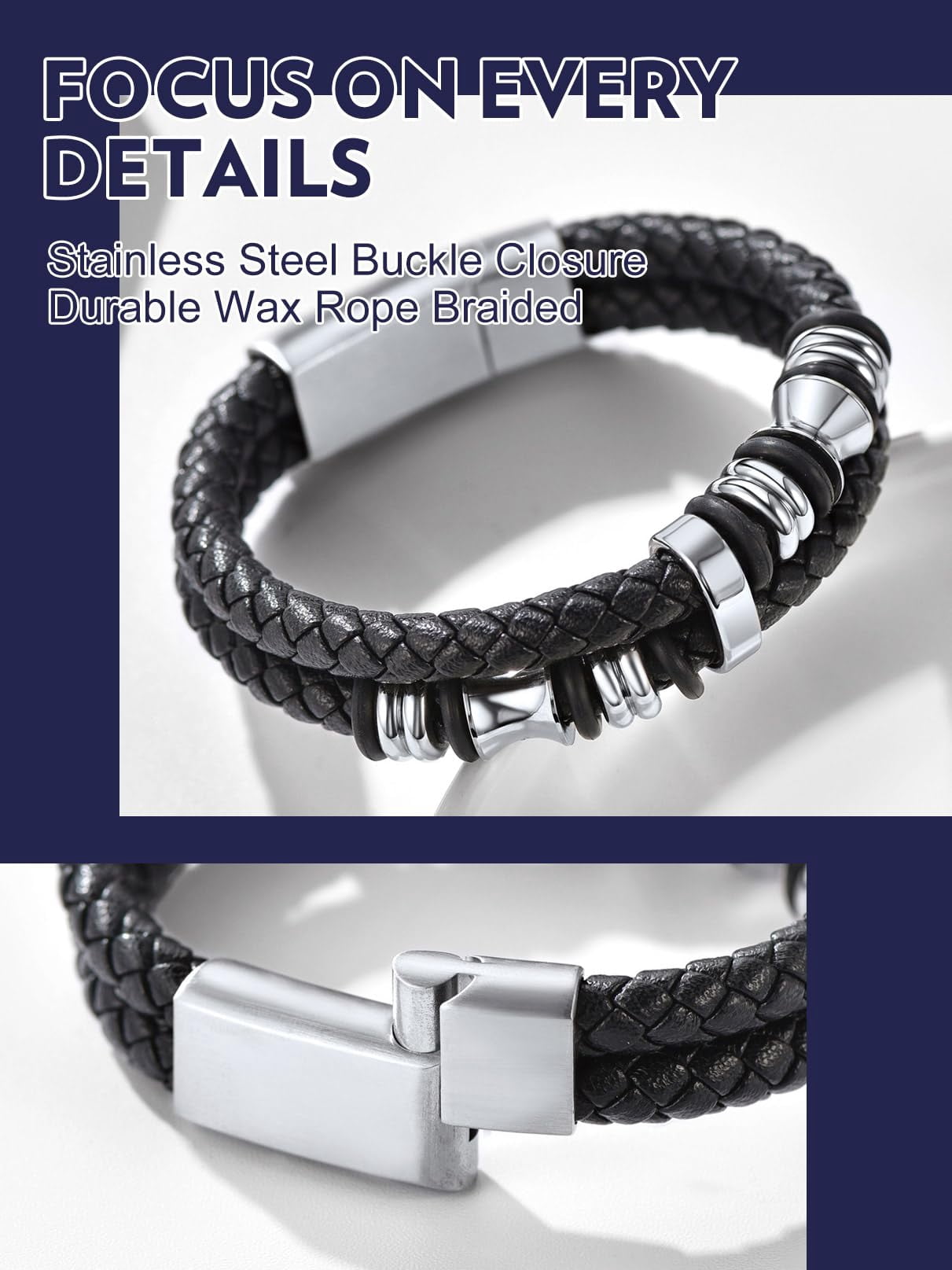Bandmax Black Leather Bracelets for Men Double-Layer Braided Rope Bracelet with Stainless Steel Beads Wristband Wrist Bangle for Birthday Gift