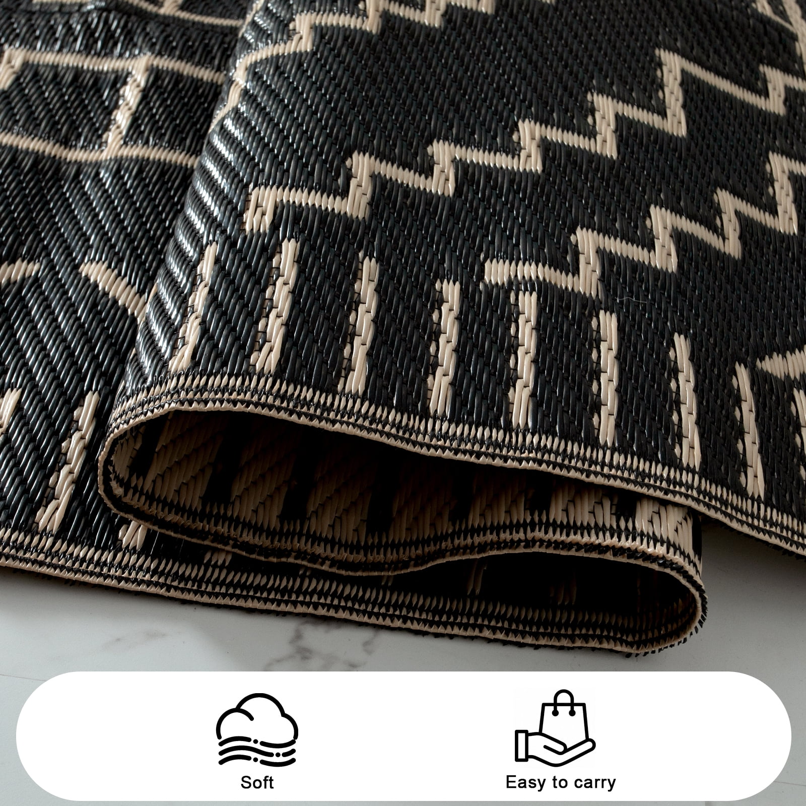 Lahome Waterproof Outdoor Rug 6x9, Reversible Plastic Straw Patio Mat - Moroccan Design for Backyard, Balcony, Garden, Deck, RV Camping, Black & Beige