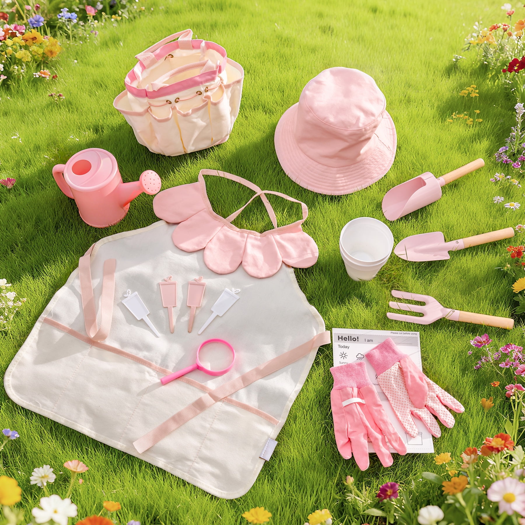 ROBUD Kids Gardening Set, 10 PCS Bow Theme Garden Tools with Shovel, fork, Sand-digging tools, Hat, Storage Bag, Apron, Waterproof Gloves– Educational Outdoor Toy Gift for Girls and Toddlers (Pink)