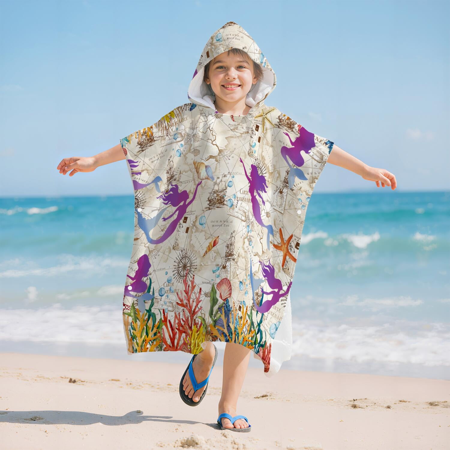 Hooded Kids Beach Towels - Toddler Bath Towel Girls Boys Swimming Cover-ups for Ages 2 to 6 Kids Pool Towels Quick Dry Lightweight Soft Microfiber Poncho Towel 28x28 (Mermaid Seashell)
