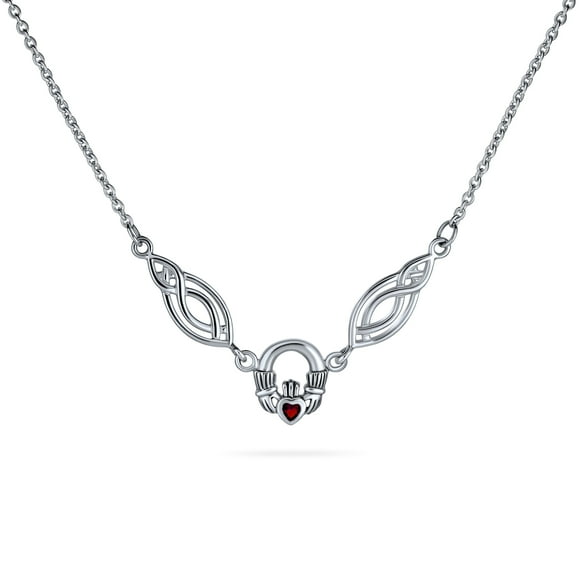 Traditional Irish Simulated Red Garnet Cubic Zirconia BFF Celtic Friendship Heart Trinity Love Knot Claddagh Collar V Necklace Statement for Women .925 Sterling Silver