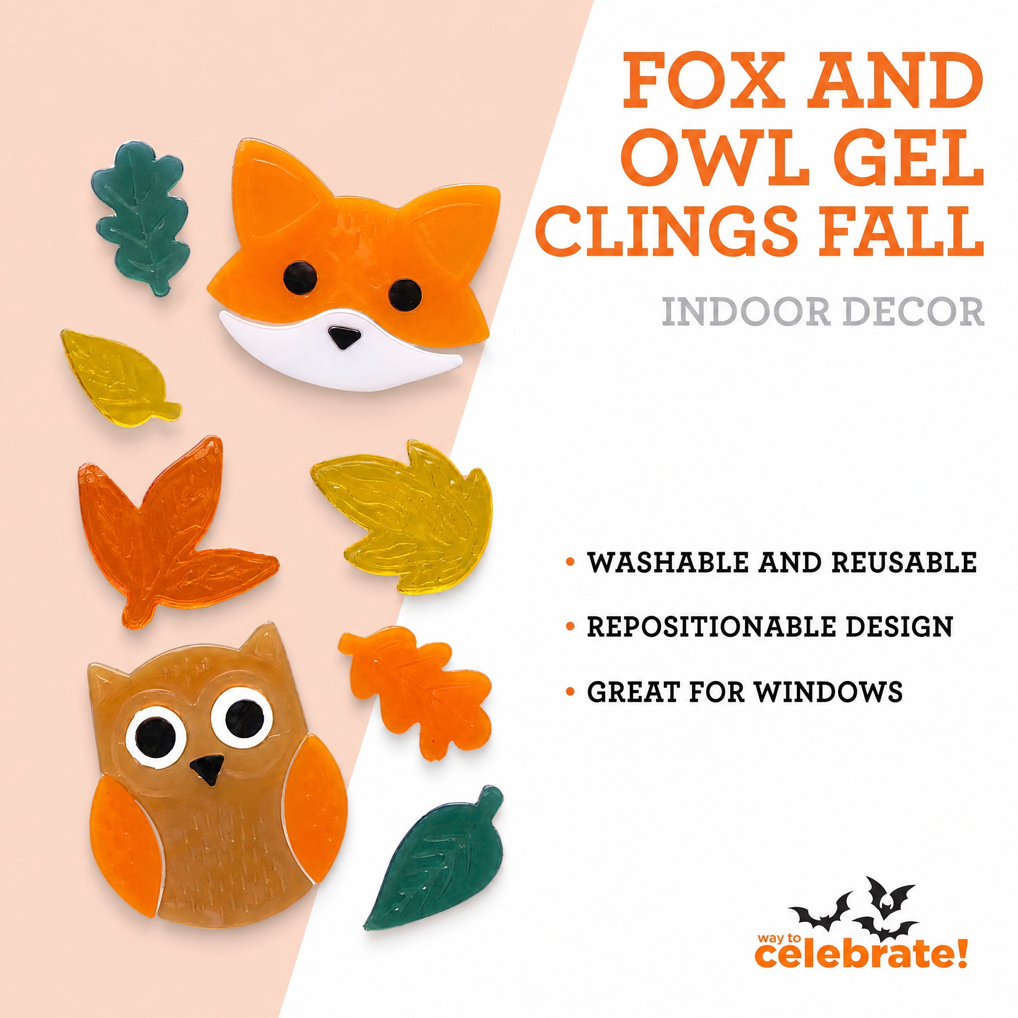 Fox and Owl Gel Clings, Multicolor, 5.5" x 12.1", Fall by Way To Celebrate