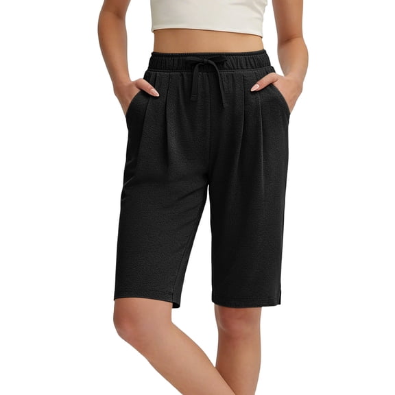 Hurxie Comfy Bermuda Shorts for Women Sweat Knit Long Shorts Knee Length Jersey Shorts for Lounge Casual Black,S