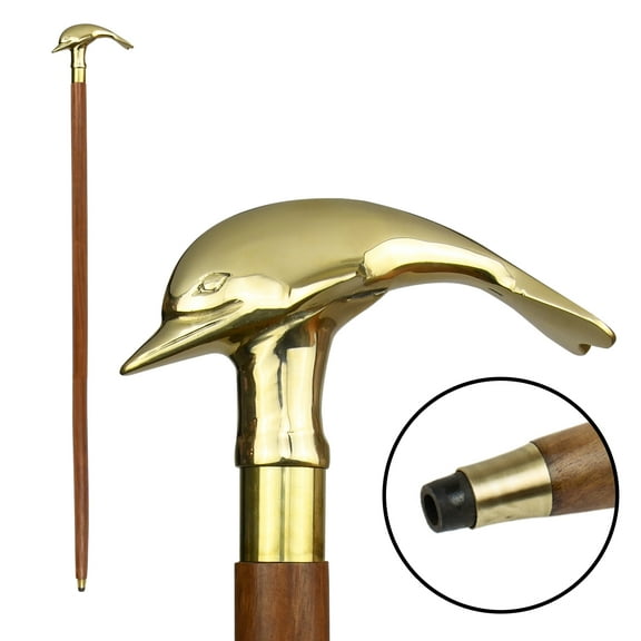 Dolphin Walking Stick Brass Cane - Canes for Women, Men, Seniors - Elderly Assistance Products 38"