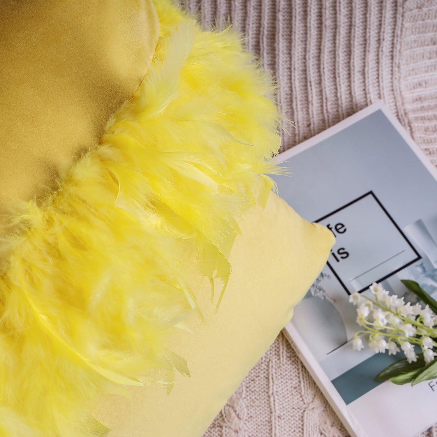 Phantoscope Feather Velvet Decorative Throw Pillows, 18 x 18 in, Yellow, 2 Pack
