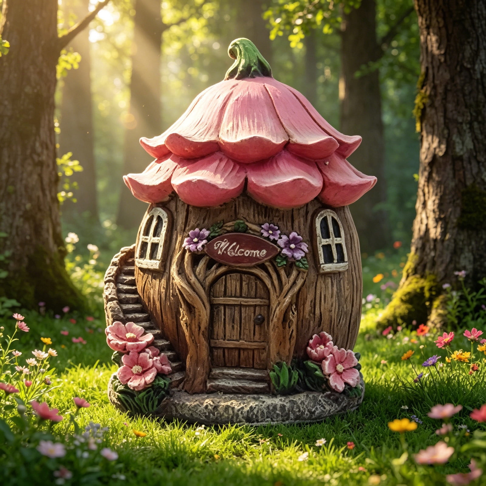 AHGQT Mushroom House Fairy Garden Statue Indoor & Outdoor, Solar Light Garden Figurines for Lawn, Balcony, Yard Decoration, Hand-Painted Resin Garden Decorations for Indoor & Outdoor