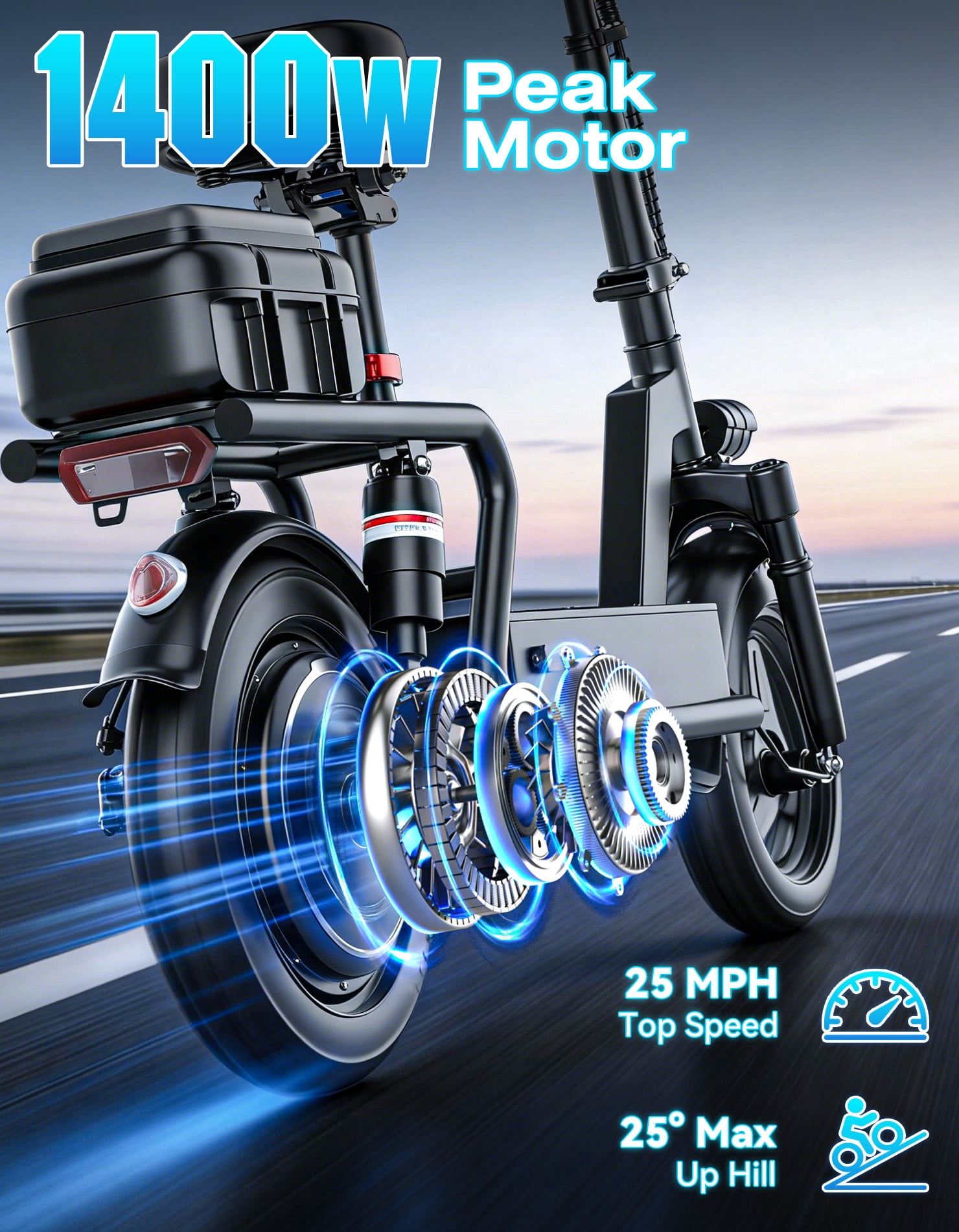 AZHAR GT12 Electric Scooter with Seat 1400W Peak Motor with Carry Basket, 25mph 48V20AH 45Miles Foldable 14" E Scooter for Commuting