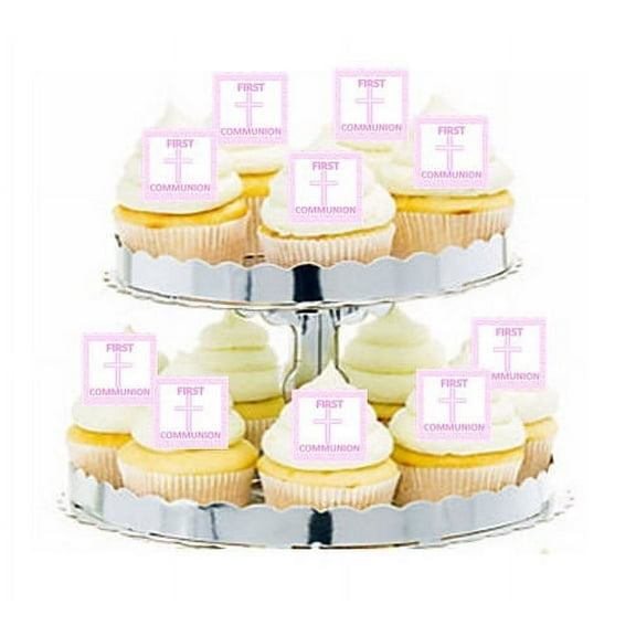 24pk First Communion Pink Cross Edible Cupcake Decoration Toppers / Picks