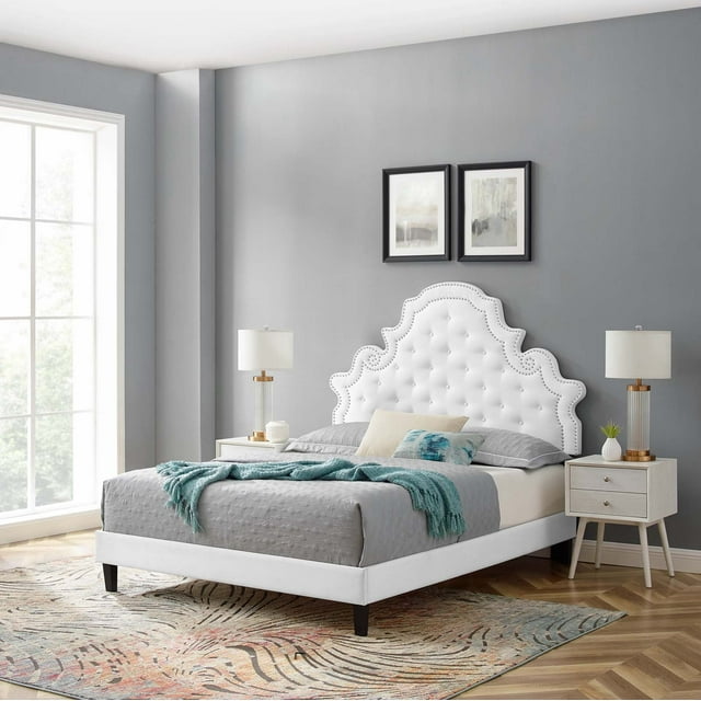 Modway Lit Plateforme Double en Velours de Performance Capitonné Gwyneth, Blanc