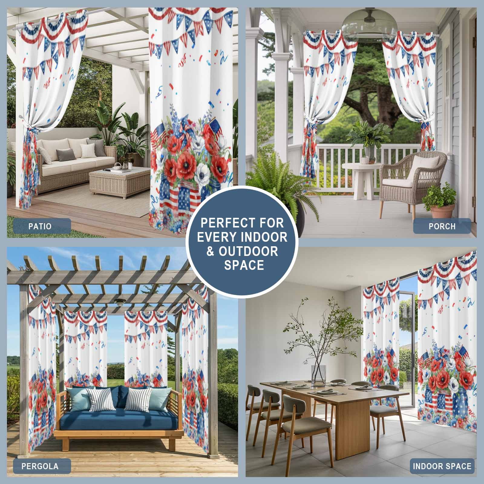 Independence Day Outdoor Curtains for Patio, U. S. Flag Red White Poppy Flowers Watercolor Sunshade Privacy Drapes Grommet Waterproof Outside Curtains for Porch/Cabana/Balcony 54"x 108", 1 Panel