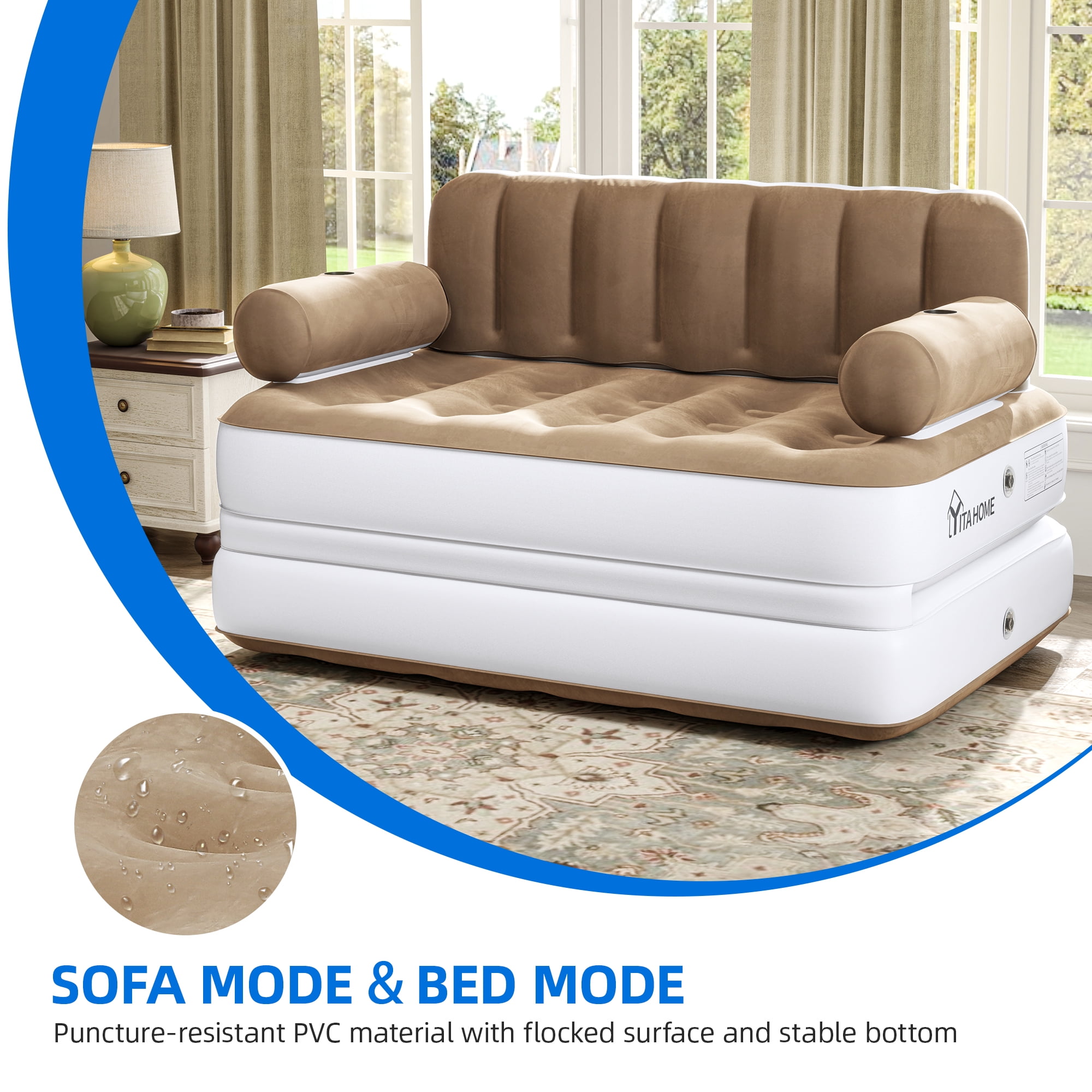 Dextrus Queen Size Inflatable Air Mattress with Built-in Pump, White Frame & Khaki Top, Includes Repair Kit & Storage Bag, Supports Inflation/Deflation