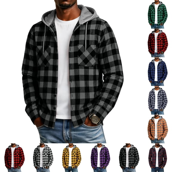 UDAUDU Men's Flannel Hoodie Shirts Casual Comfortable Button Down Plaid Shirt Jackets for Men Long Sleeve Stylish Hooded with Pocket Dark Gray 3XL