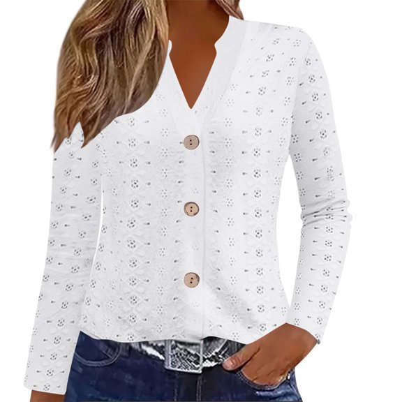 Ohufall Womens Long Sleeve Tops Fashion Solid Casual Jacquard Hollowed Out Blouses Comfy Breathable V-Neck Button Down Shirts for Women