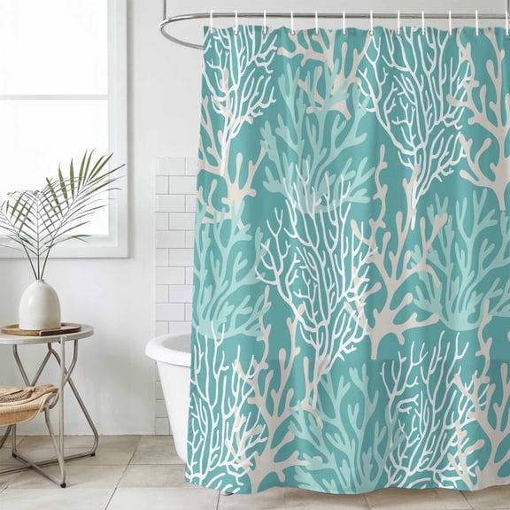 Teal Coral Coastal Waterproof Shower Curtain, Stall 36"x78" Washable Polyester Fabric Shower Curtains for Bathroom, Ocean Nautical Seaside Beach Decorative Bathtub Curtain Sets with Hooks