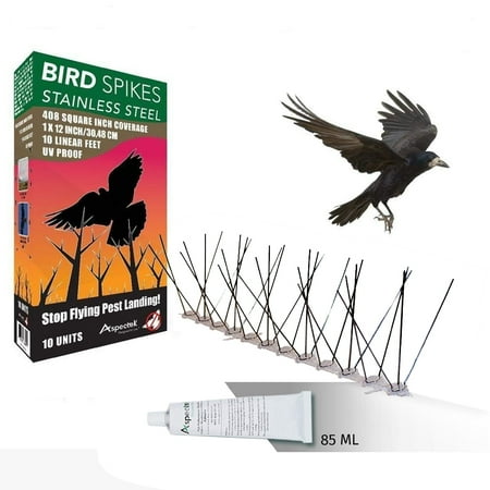 Bird Spikes - Aspectek Steel Bird Deterrent Kit, Bird Spikes Defender Kit, Pigeon Repellent, 10 Feet with Transparent Silicone Glue Tube