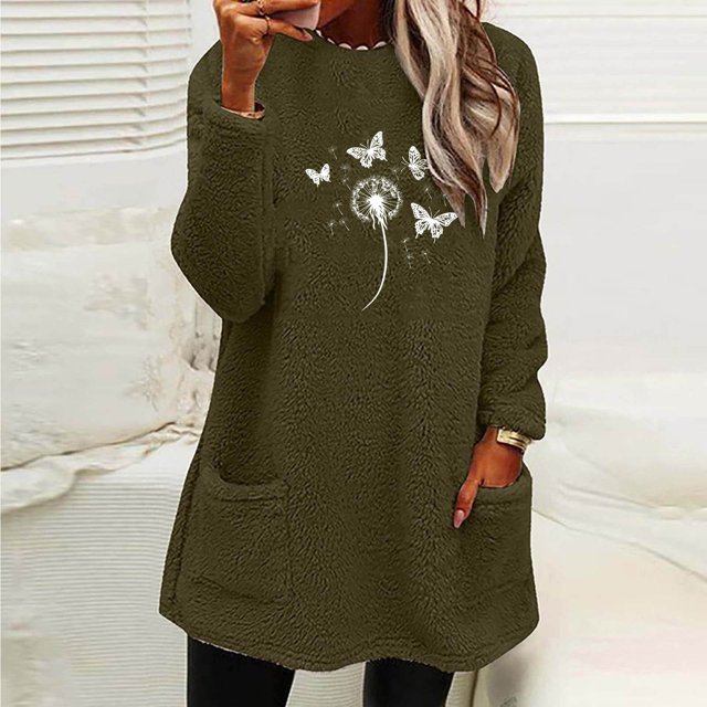 HongQid Fleece Sweatshirt for Women Winter Warm Sherpa Tunic Thermal Fleece Crew Neck Long Sleeve Pullover Loungewear with Pockets