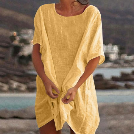 Usdian Graduation Dress Short Sleeve Lightweight Slim Fit Plus Size Dresses Sundresses Trendy Solid for Traveling Yellow M Clearance only One Month