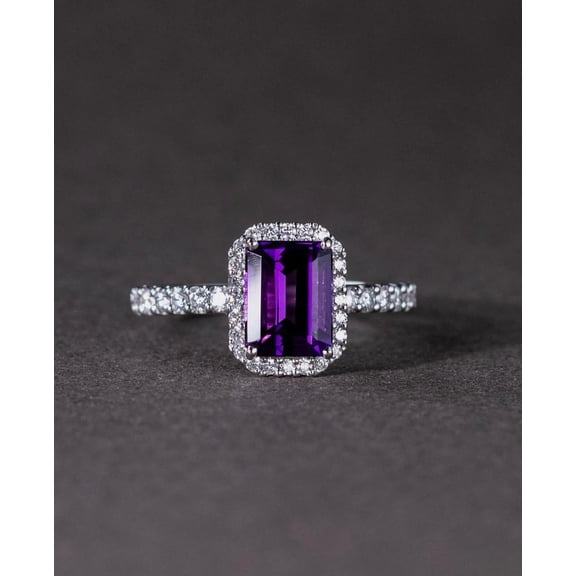 8x10mm Vintage Amethyst Engagement Ring, 925 Sterling Silver Halo Emerald Cut Ring, Handmade Colour Stones