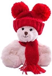 TianQi with Knit Hat and Scarf Teddy Bear Stuffed Animal Plush Holiday Bear, White, 6inch