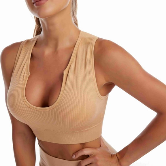 Summer Clearance Sale! Joau Womens Ribbed Sports Bra - Seamless Wirefree U Neck Padded Low Impact Workout Yoga Exercise Bra High Support Crop Tank Tops for Everyday Wear