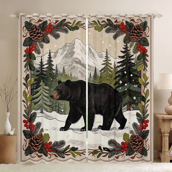 Manfei Winter Bear Kitchen Curtains,Wild Woodland Print Black Out Curtains Pack of 2 (42x63 Each),Green