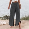 thumbnail image 3 of Linen Palazzo Pants for Women Spring Summer Smocked High Waist Wide Leg Asymmetric Ruffle Hem Flowy Beach Pants with Pockets, 3 of 6