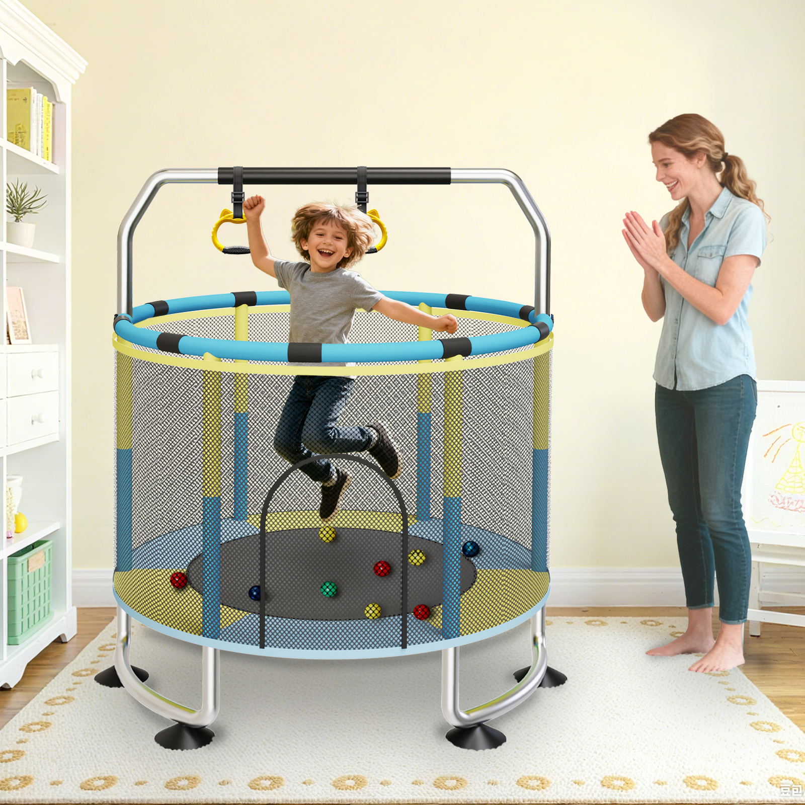 G TALECO GEAR Trampoline for Kids, Toddler Trampoline with Adjustable Gymnastics Bar & Toys, Indoor & Outdoor Round Small Trampoline Gift for Boys & Girls,  400lbs, Yellow & Blue