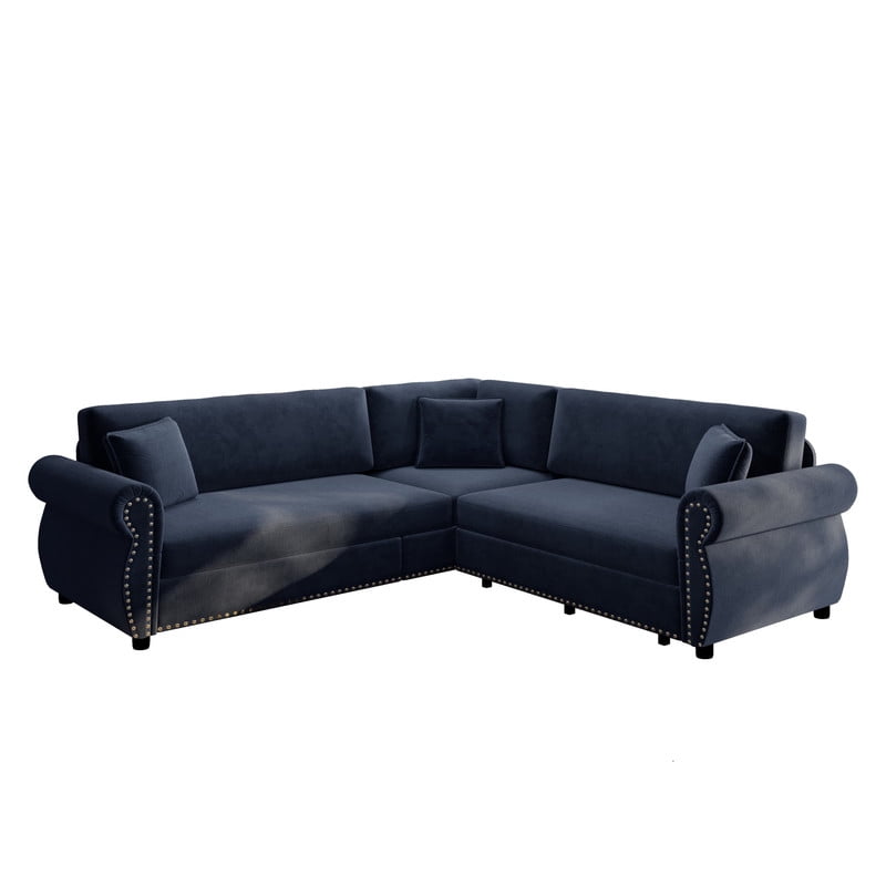 88.2" Sectional Sleeper Sofa with Pull Out Bed, Convertible Sleeper Couch with Nailhead Trim, 5-Seat Sectional Sofa Chenille Couch for Living Room Apartment