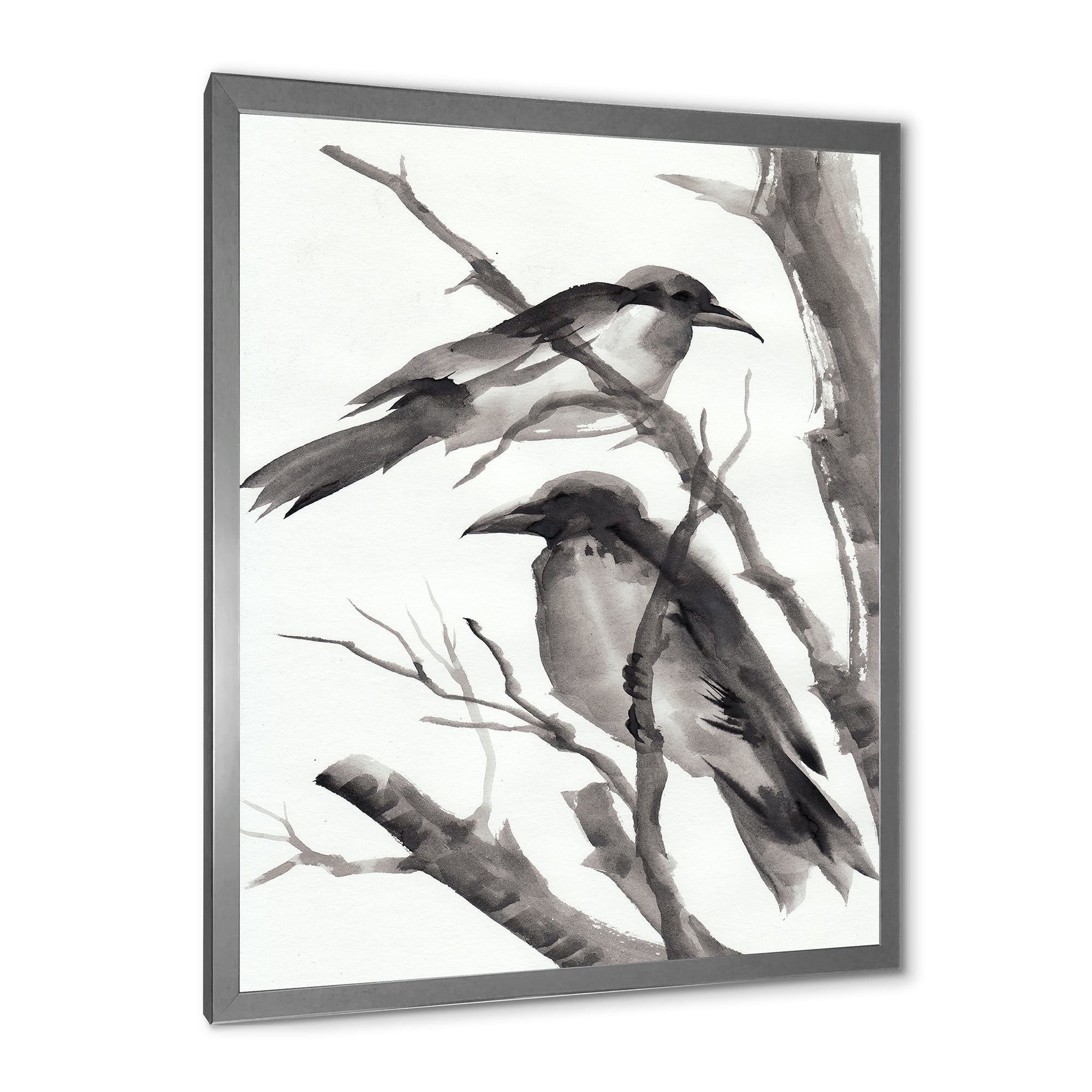 Designart 'Vintage Black and White Sleeping Crows' Traditional Framed Art Print