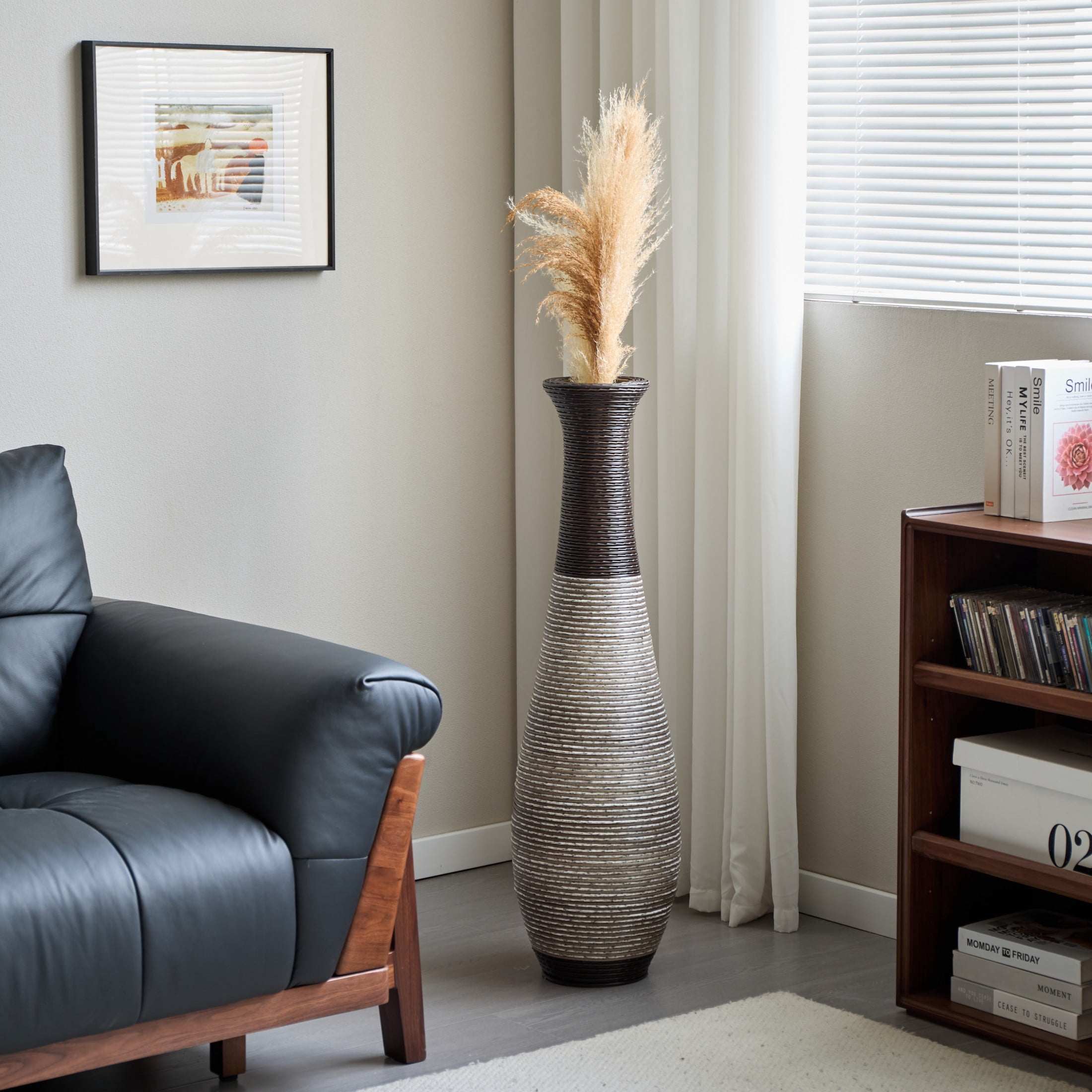 Noble House 40.2" Tall Hand-Woven PVC Rattan-Look Floor Vase, Textured Decorative Vase, Black+Gray