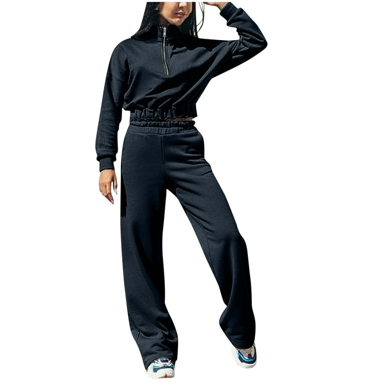 RQYYD Jogging Suits for Women 2 Piece Sweatsuit Outfits Long Sleeve Half  Zipper Lapel Crop Top Wide Leg Pants Solid Color Tracksuit Set Black XL