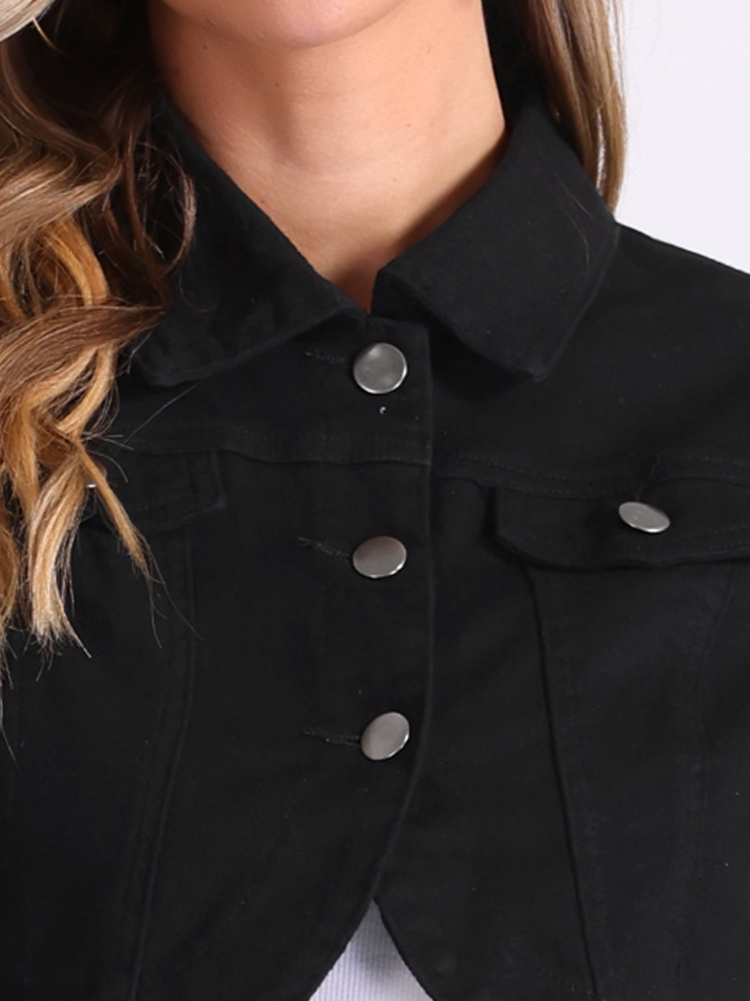 DARING DIVA Women's Denim Jacket Collared Long Sleeve Crop Jean Jackets L Black