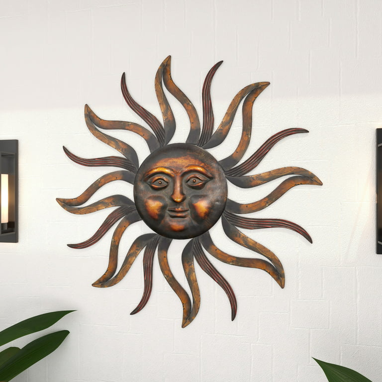 DecMode Brass Metal Sun Wall Decor with Distressed Copper Like Finish 