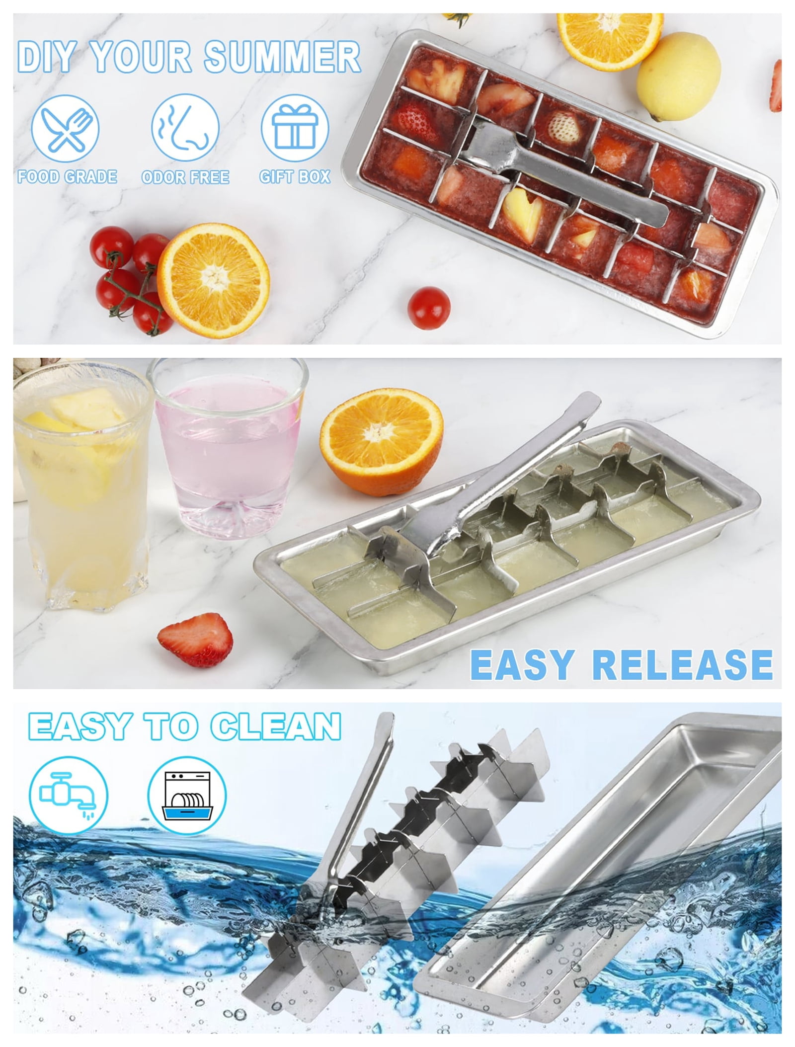 Bxaolu Metal Ice Cube Trays, Stainless Steel Ice Cube Trays, 18-Slot Ice Cube Tray with Easy Release Handle, Detachable Ice Trays for Bars Kitchens Dishwasher, Stainless Steel Ice Cube