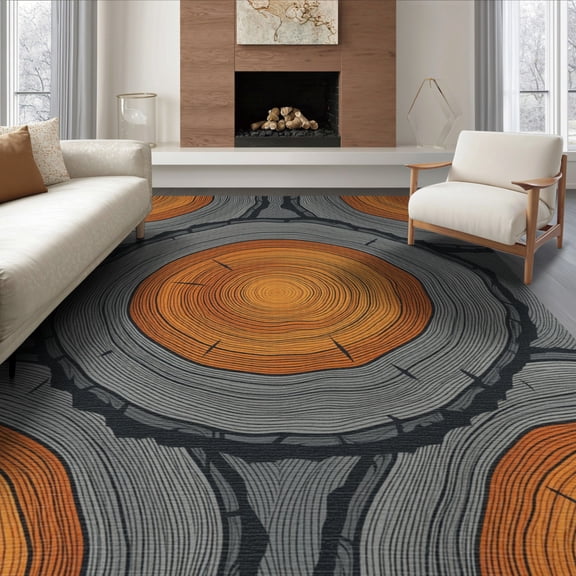 ODIKA 8'x10' Washable Area Rug Wood Grain Rustic Nature With Earthy Annual Rings Tree Stump Refined Structured for Living Room, Under Sectional, Family , Durable, Non-Slip