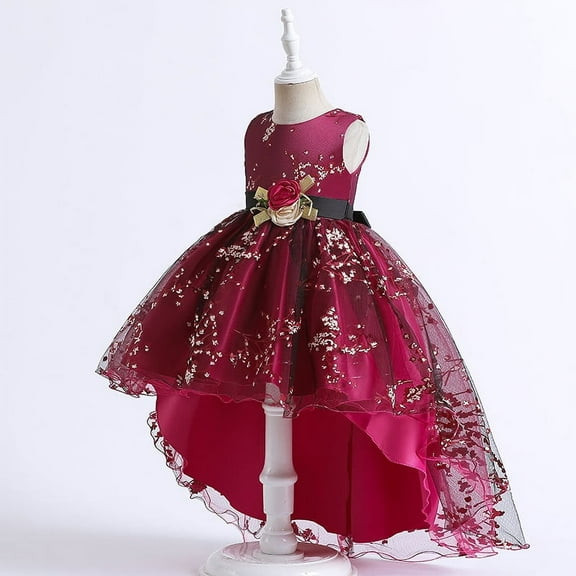 Girls Burgundy Gown Dress with Flower without Sleeves for Wedding, Pageant, Graduation, Birthday, Christmas, New Year and Eid age 6
