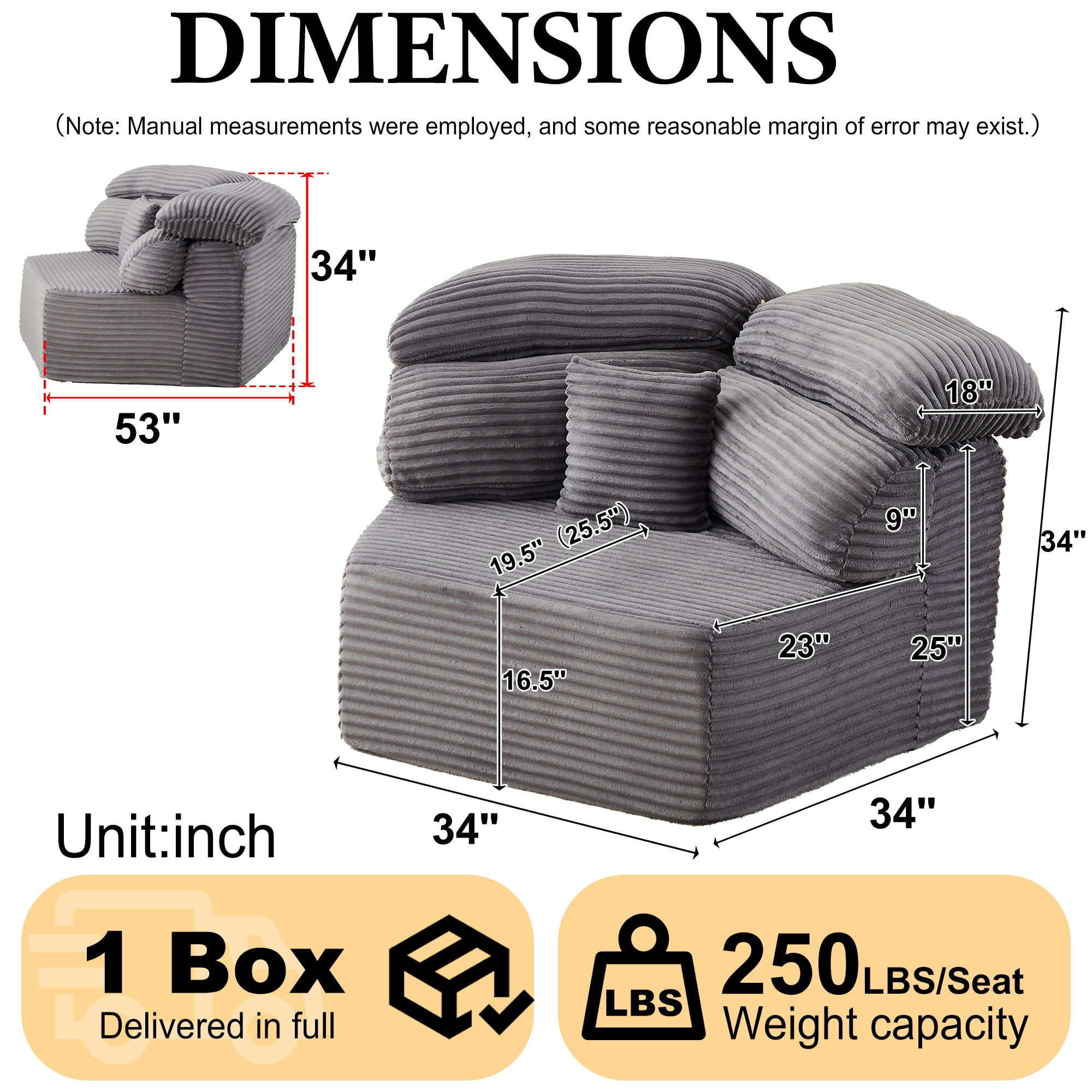 Leumius 53" Single Sofa,Oversized Modular Sofa Lounge Chair with Stylish Envelop Sesign Pillow,Pentagonal Sofa Boneless Couch for Living Room,Gray Corduroy