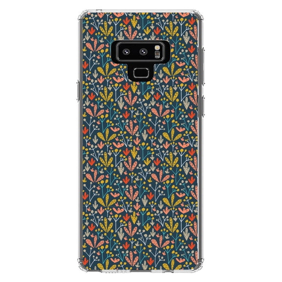 DistinctInk Clear Shockproof Hybrid Case for Samsung Galaxy Note 9 - TPU Bumper, Acrylic Back, Tempered Glass Screen Protector - Modern Floral - Navy Yellow Teal