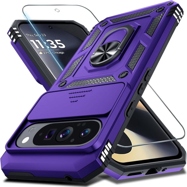 KOMI Case Compatible with Google Pixel 9 Pro XL Built in Slide Camera Lens Cover+Screen Protector+Finger Ring Holder Kickstand,Heavy Duty Shockproof Full Body Protective Phone Cover, Purple