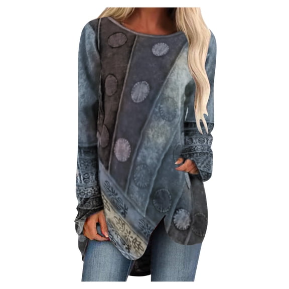 Shirts for Women Long Sleeve Shirts Loose Casual Tops Beautiful Print Crewneck Tshirts