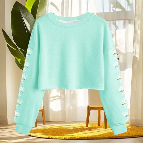Uootdi Casual Tops for Women Crewneck Long Sleeve Floral Print Cropped Hem Fall Winter Casual Sweatshirts Gift
